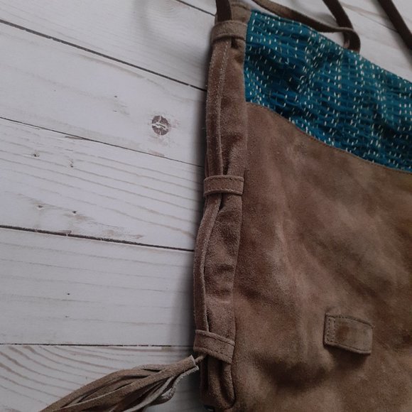 Noonday Collection Kantha Foldover Crossbody Bag Suede Leather Cotton BrownBlue - Picture 5 of 16